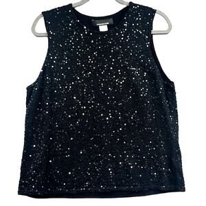 VTG Sequin Party Top XL Knit Tank Top Black Party NYE Holiday Glam Event Y2K 90s